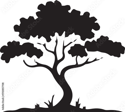 Stylized silhouette of a mature tree with broad canopy and textured bark against white