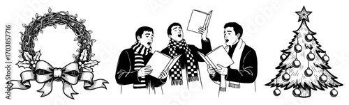 Christmas wreath carolers and tree monochrome vector illustration
