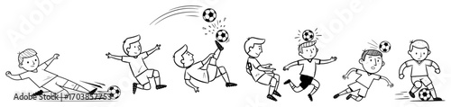 Kids playing soccer action poses line art vector