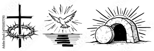 Christian symbols cross crown of thorns dove and empty tomb line art vector