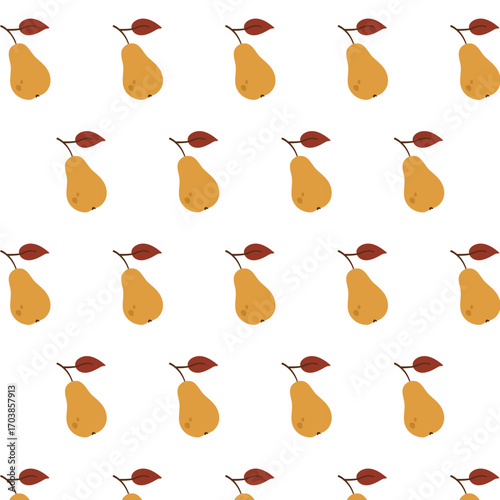 Seamless pattern with yellow pears and brown leaves on a white background. Simple and cozy autumn fruit design for textiles, wrapping, and seasonal decoration.