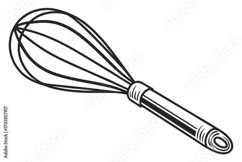 Simple black and white illustration of a kitchen whisk