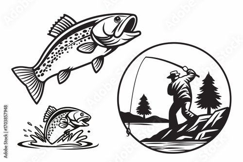 Fishing and jumping trout illustration