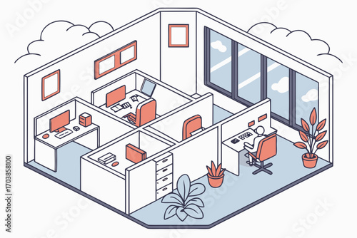 Isometric illustration of a modern office with cubicles and natural light