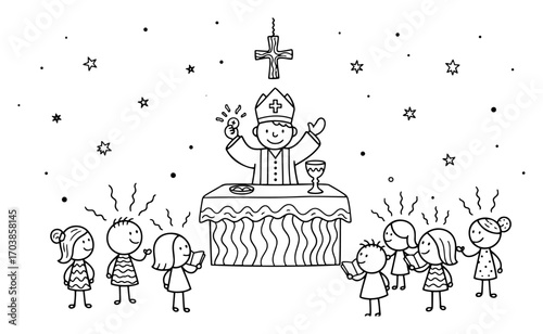 Cute doodle of children receiving First Communion from a priest