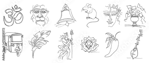 Collection of indian hindu symbols in one line art style