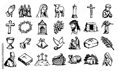 Set of hand drawn christianity symbols sketch icons