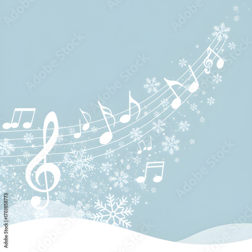 Whimsical Winter Musical Notes and Snowflakes on Soft Blue Background with Snowy Curves