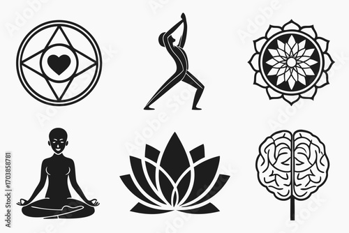 Collection of yoga and meditation symbols with brain and heart icons