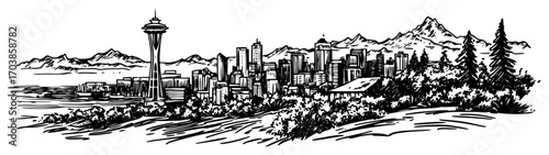 Seattle skyline with Space Needle and Mount Rainier in monochrome engraving style