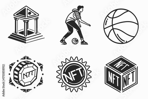 Collection of nft icons and basketball themed graphics