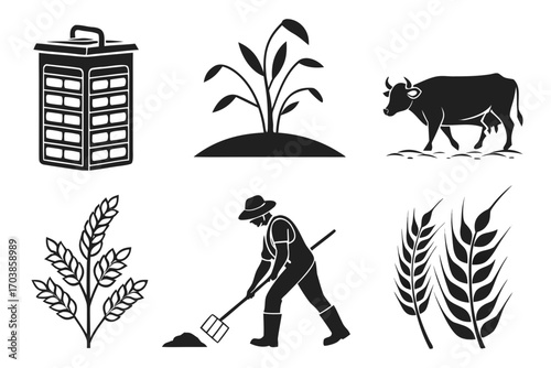 Set of agricultural icons representing farming and rural life