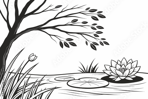 Black and white tree and water lily pond illustration