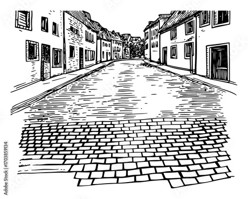 Cobblestone street in an old european town sketch