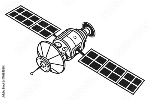 Illustration of a satellite with solar panels and dish antenna