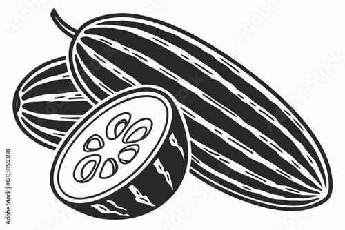 Black and white illustration of cucumbers and a sliced cucumber