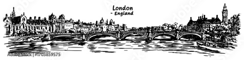 River Thames cityscape of London with Westminster Bridge and Big Ben in engraving style
