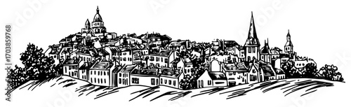 Medieval hillside village skyline line art vector