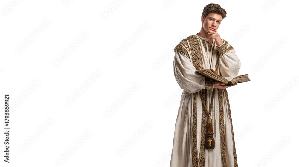 Naklejka premium Rich young ruler full body on transparent background, confident biblical man in clean rich robes with gold accents, isolated New Testament figure PNG.