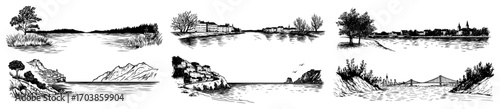 Rural river landscape sketch set line art vector