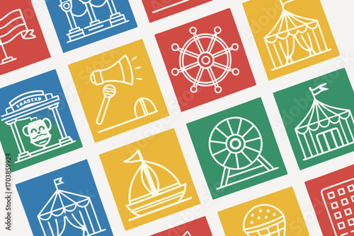 Colorful circus and fair icons on a grid pattern