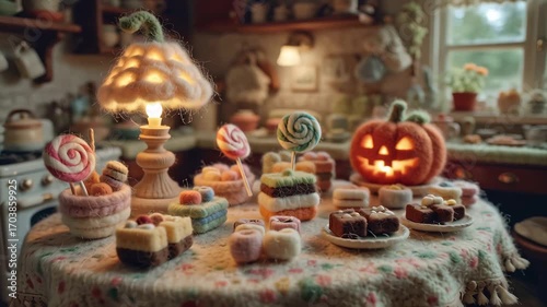 Halloween candy table with spider net made of felted wool sweets and pumpkin lamp in cozy kitchen