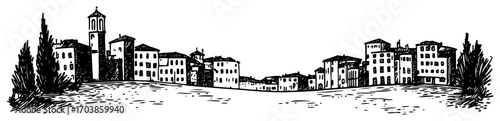 Tuscan hill town skyline line art vector