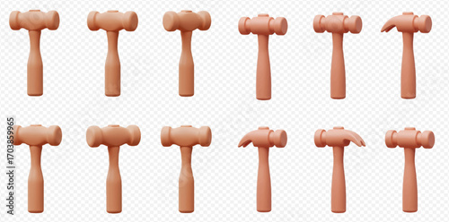Twelve wooden hammers, some with round heads and others with claw heads, arranged in two rows on a transparent background.