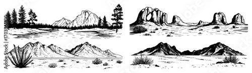 Mountain and desert landscape sketches set