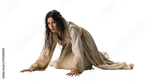 Weary pale woman full body on transparent background, biblical figure in faded robe kneeling in humility and prayer, isolated New Testament character PNG.