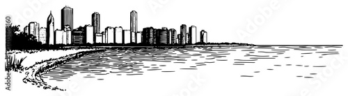 City skyline from the waterfront sketch drawing