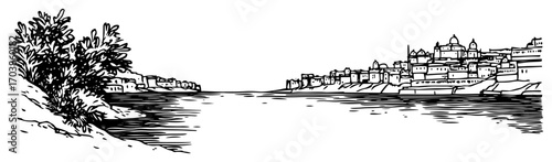 Varanasi city on the Ganges river bank sketch