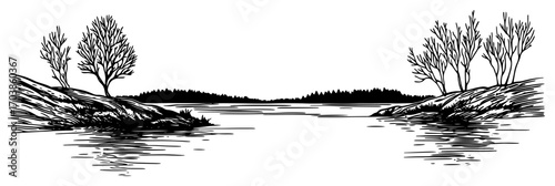 Peaceful river landscape with trees in hand drawn sketch style