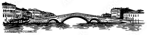 Venice canal scene with a bridge in vintage sketch style