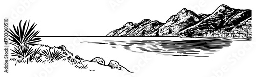 Sea coast landscape with mountains and town sketch
