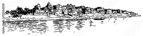 Varanasi city on the banks of Ganges river India sketch