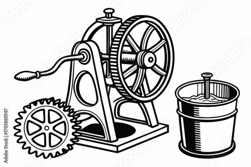 Vintage butter churn and mechanical device illustration