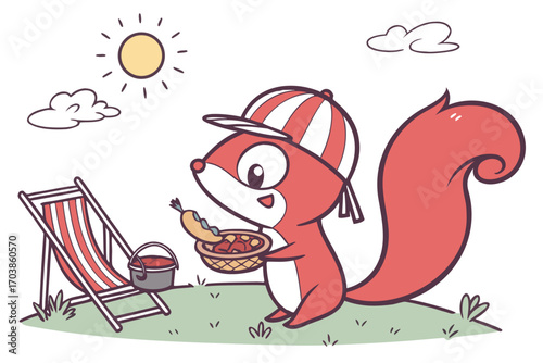 Cute cartoon squirrel enjoying a picnic on a sunny day