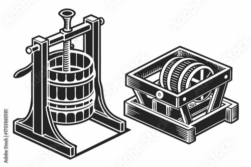 Vintage fruit press and cheese maker illustration