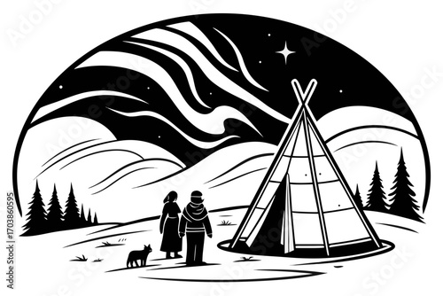 Couple and dog camping under the northern lights