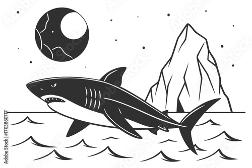 Great white shark swims under a cracked moon and iceberg
