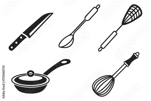 Collection of simple black and white kitchen utensil icons