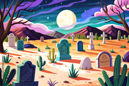 Western ghost town cemetery vector, crooked tombstones, dusty graves under moonlight, haunting desert silence