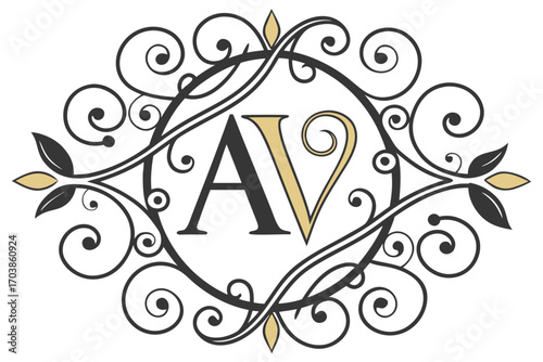 Elegant monogram with letters a and v in ornate frame
