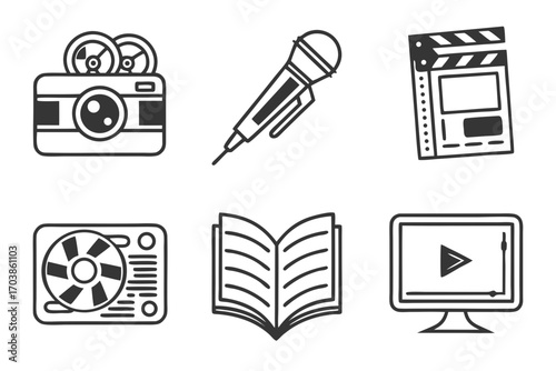 Collection of media and creative icons including camera microphone and book