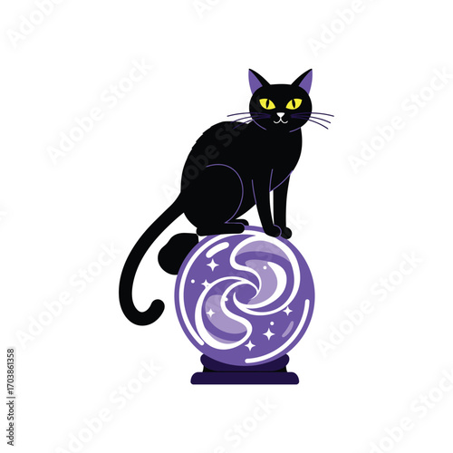 Conceptual vector of a black cat sitting on a glowing crystal ball for Halloween.