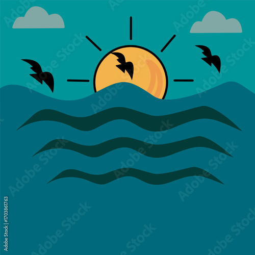 Sunset Over Ocean Waves Illustration