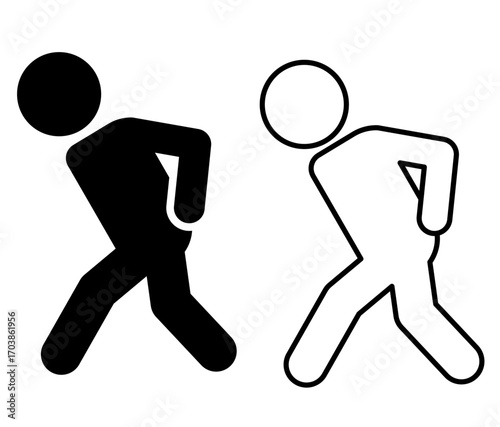 Walking person touching lower back pictogram, side view, 4-head body. Black and white icons with solid and line art. Useful for health, elderly care, medical, and posture illustration. 腰痛や高齢者向けのアイコン素材