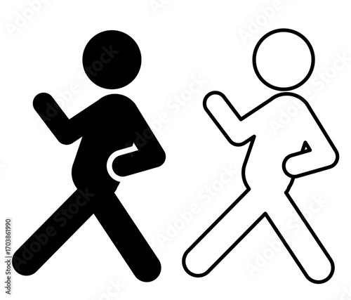 Walking person with arched back pictogram, side view. Black and white icons in filled and outline styles. Useful for posture, health, character expression, and design elements. 反り腰やポーズのアイコン素材です。