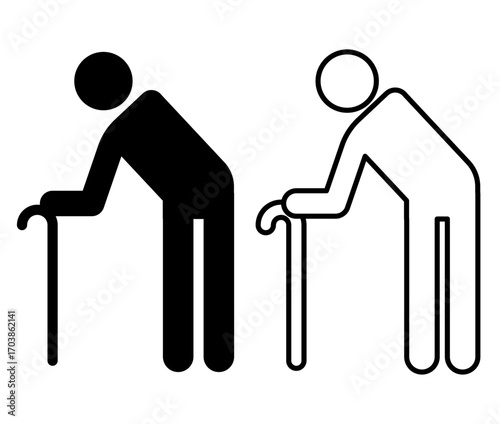 Elderly person with cane pictogram, side view, 6-head proportion. Black and white icon set in solid and line art. Useful for senior care, medical, welfare, and public signage. 高齢者や介護向けのアイコン素材です。